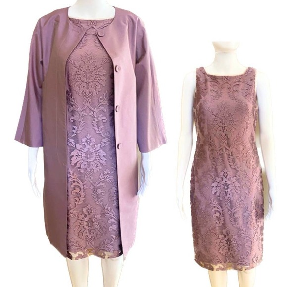Adrianna Papell Two-Piece Embroidered Lace Sheath Dress w/ Taffeta Topper Size 4 - Picture 1 of 16